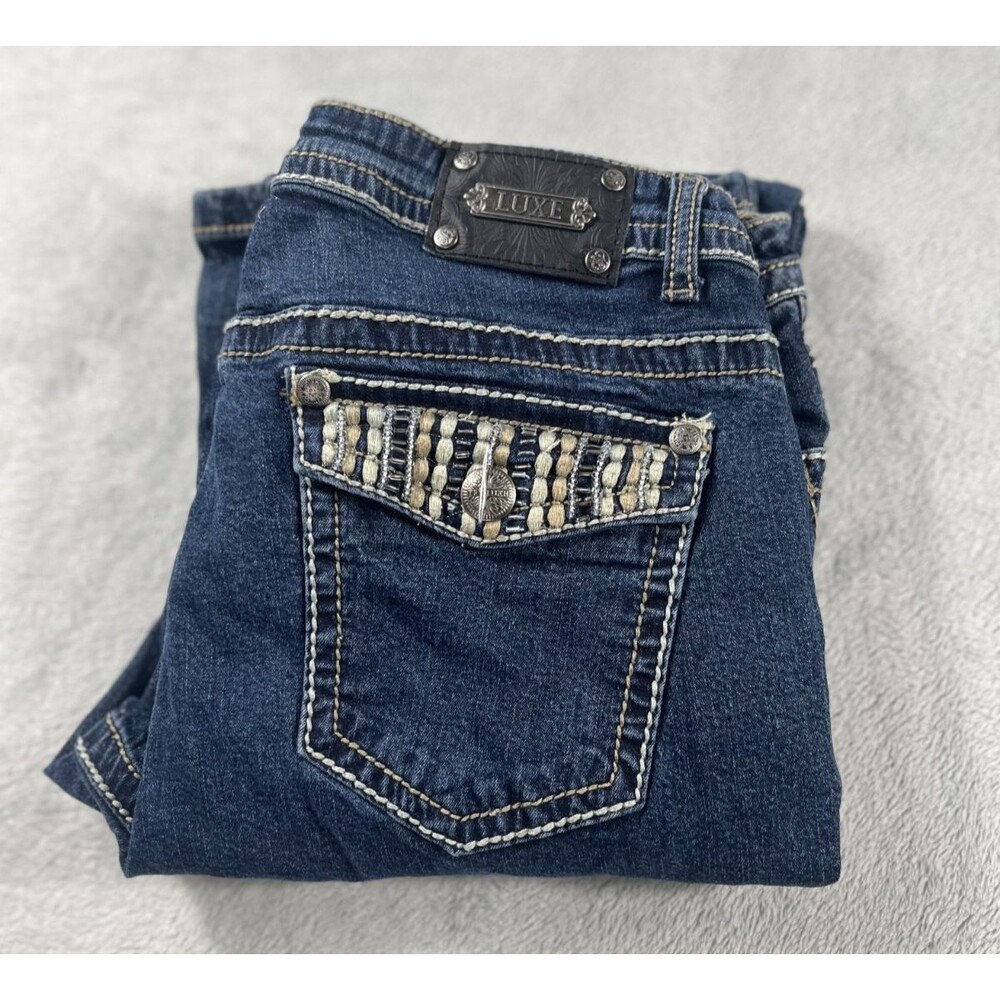 Tru Luxe Womens Jeans 30x31 Stretch Embroidered Mid Rise Boot Cut Flap Pocket